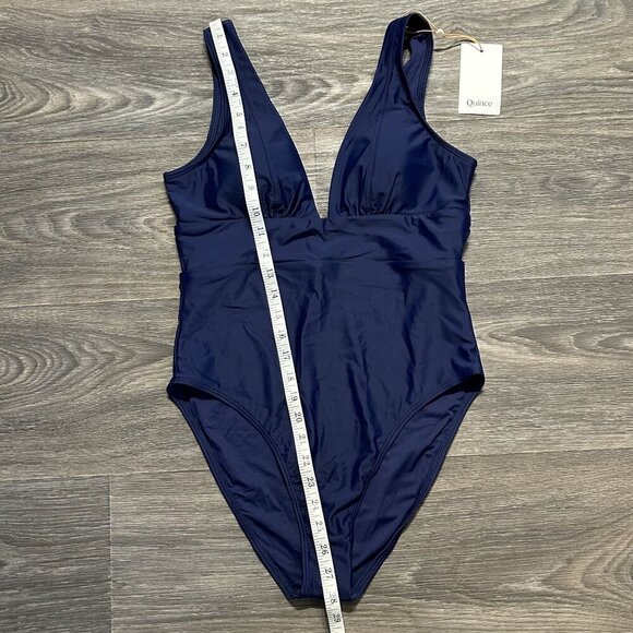 Quince Medium Italian Plunge One-Piece Swimsuit Navy Blue Swim Bathing Suit - Picture 8 of 10